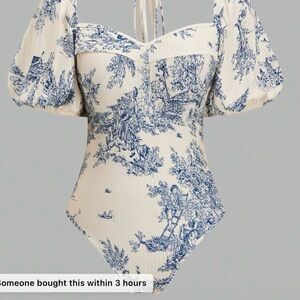 Blue and White Toile Print Bodysuit